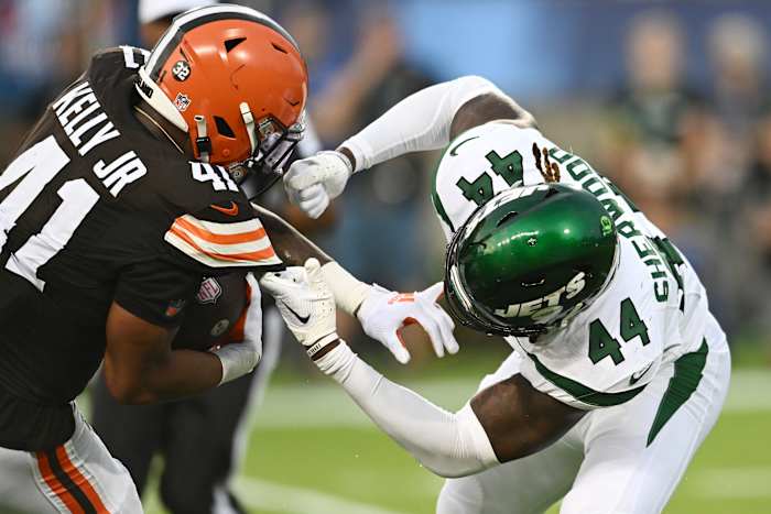 LB Jamien Sherwood (44) makes a tackle in the Hall of Fame Game